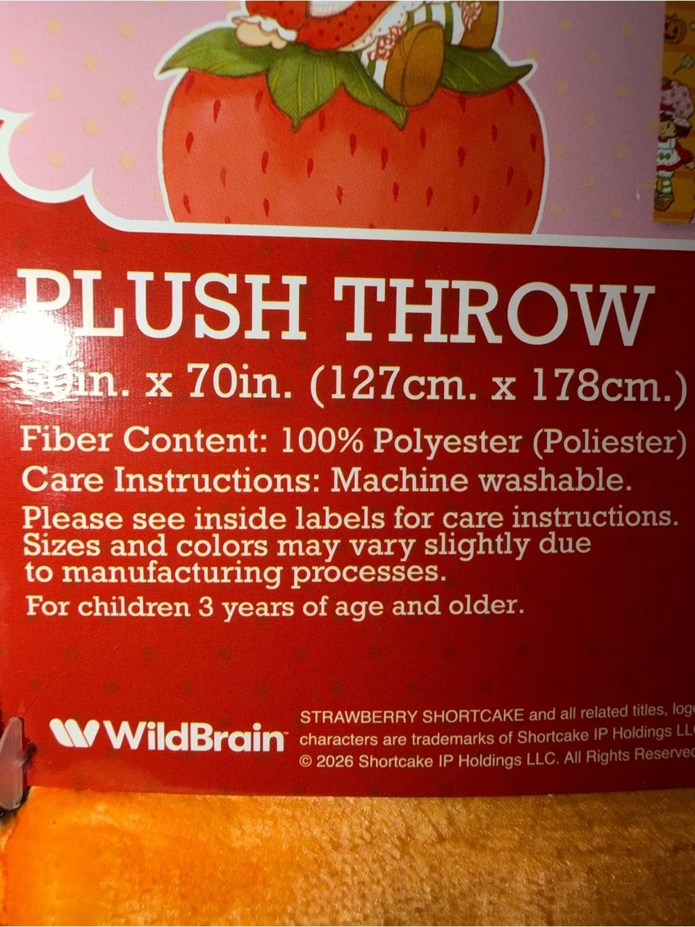 Strawberry Shortcake Orange Plush Throw Blanket - Kids Costume Accent 50 x 70 in